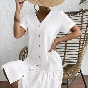 HOTOUCH Loose Summer Cotton Linen Dress Ruffle Hem Casual Short Sleeve Size L